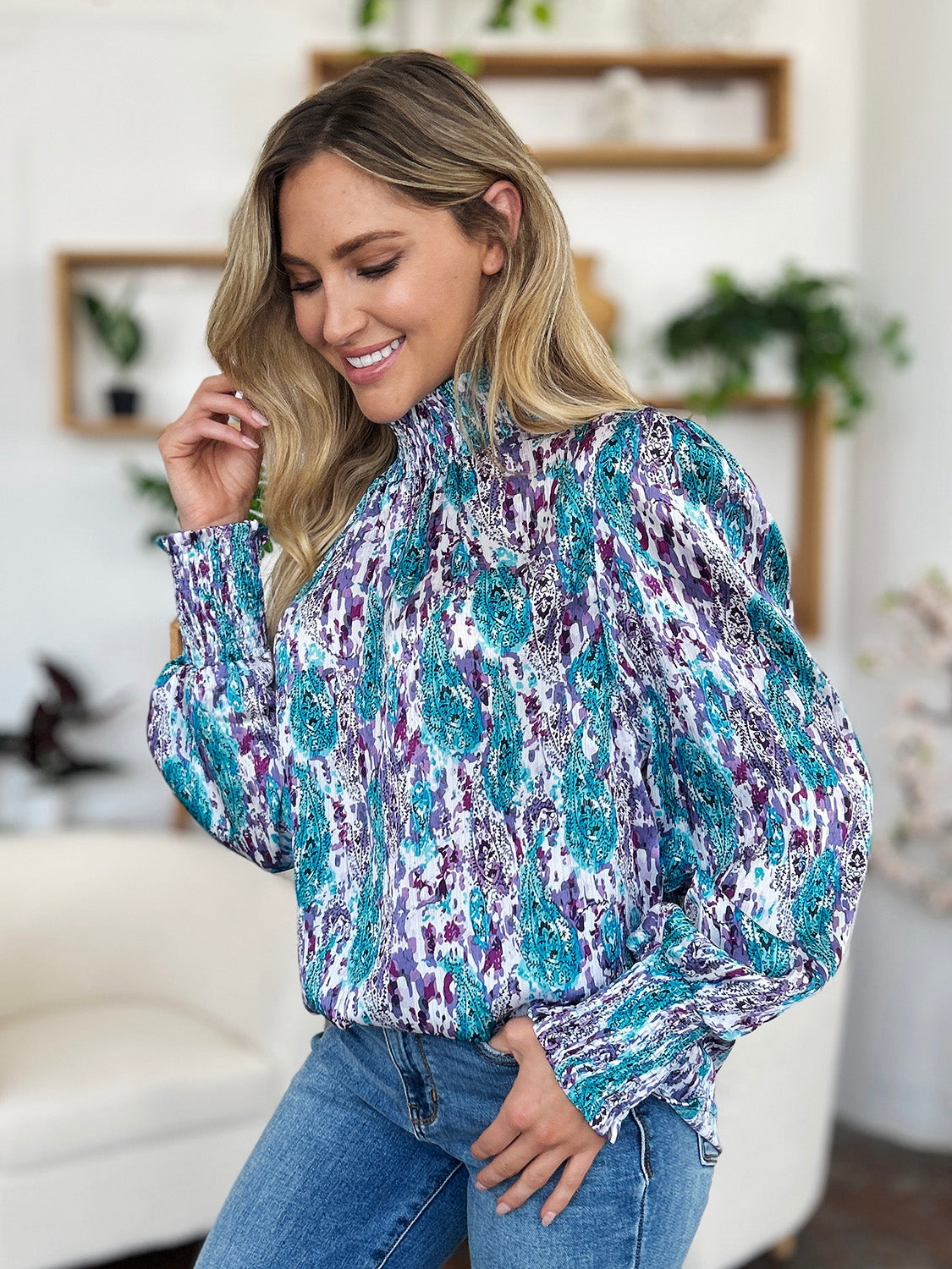 Double Take Full Size Printed Smocked Long Sleeve Blouse