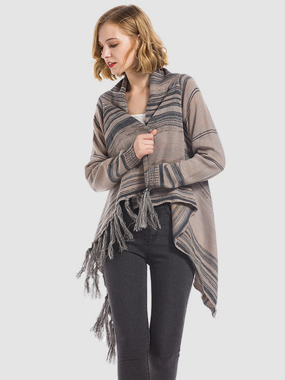 Angel Wings Tassel Striped Open Front Long Sleeve Cardigan