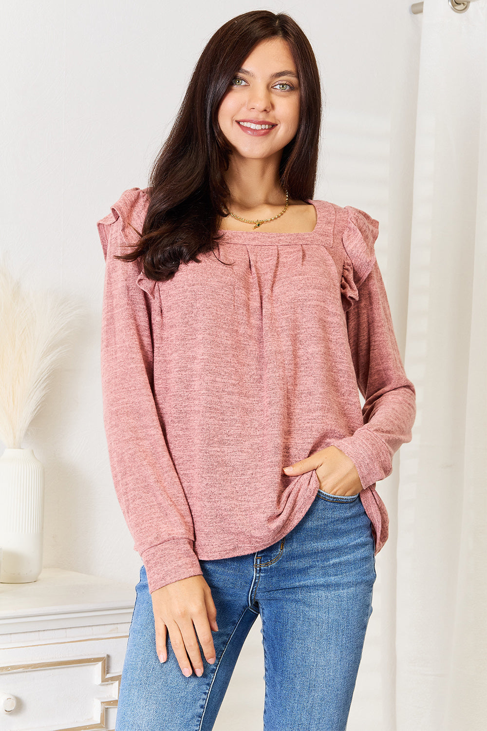 Double Take Square Neck Ruffle Shoulder Long Sleeve T-Shirt