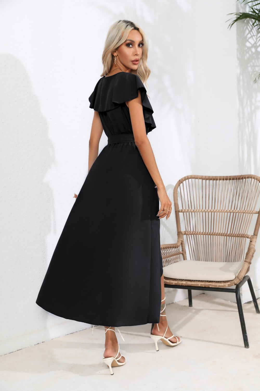 Ruffled Tied V-Neck Midi Dress