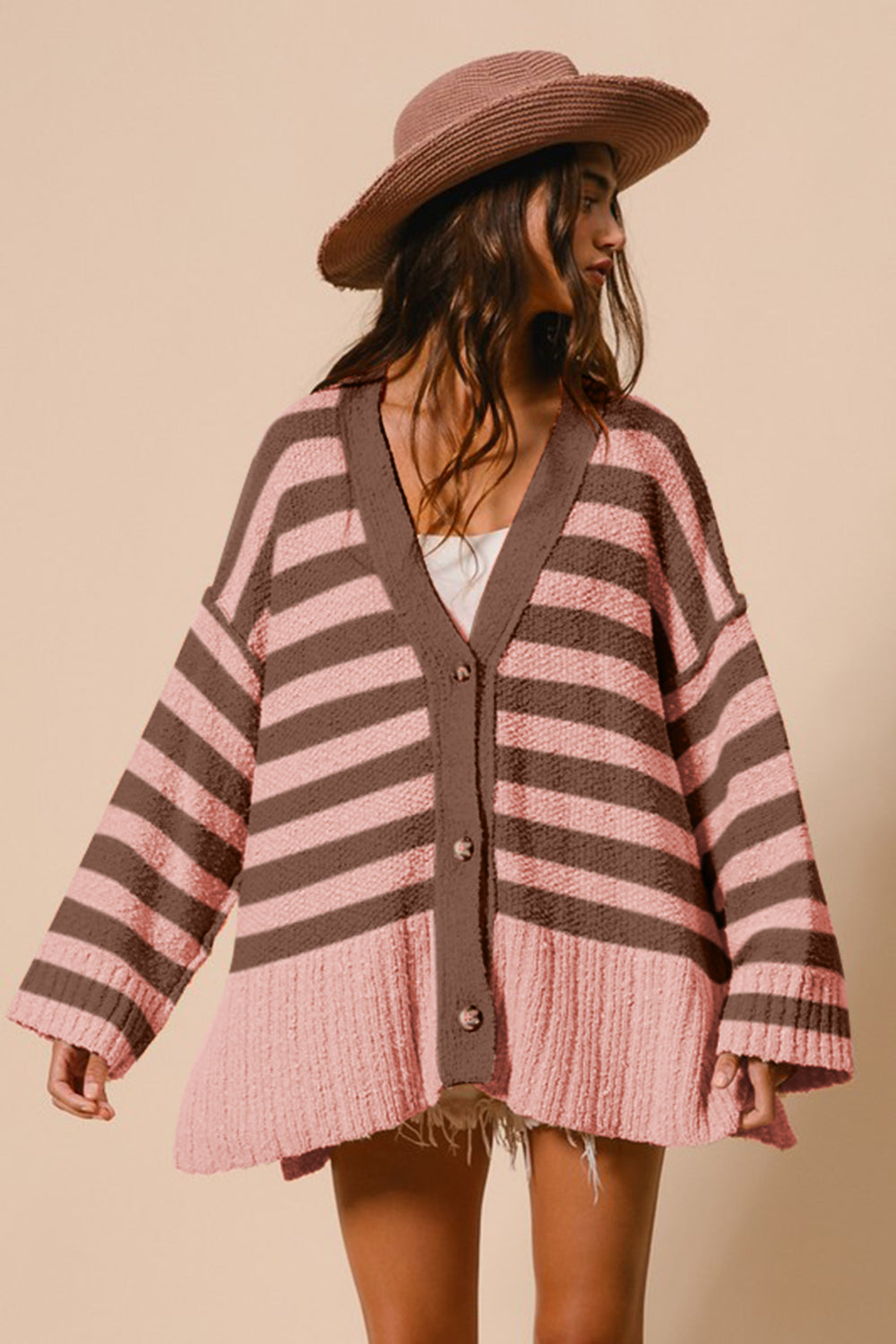 BiBi Slit Striped V-Neck Button Up Cardigan