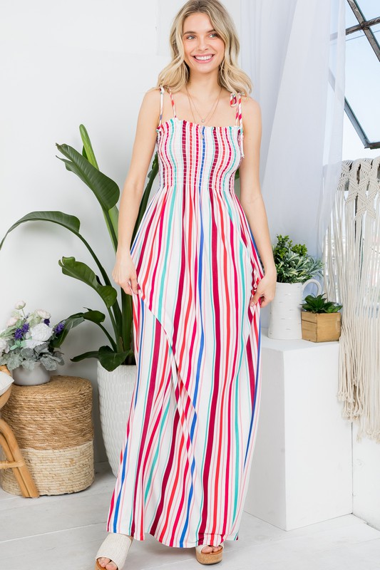 PLUS STRIPE SMOCKED MAXI DRESS