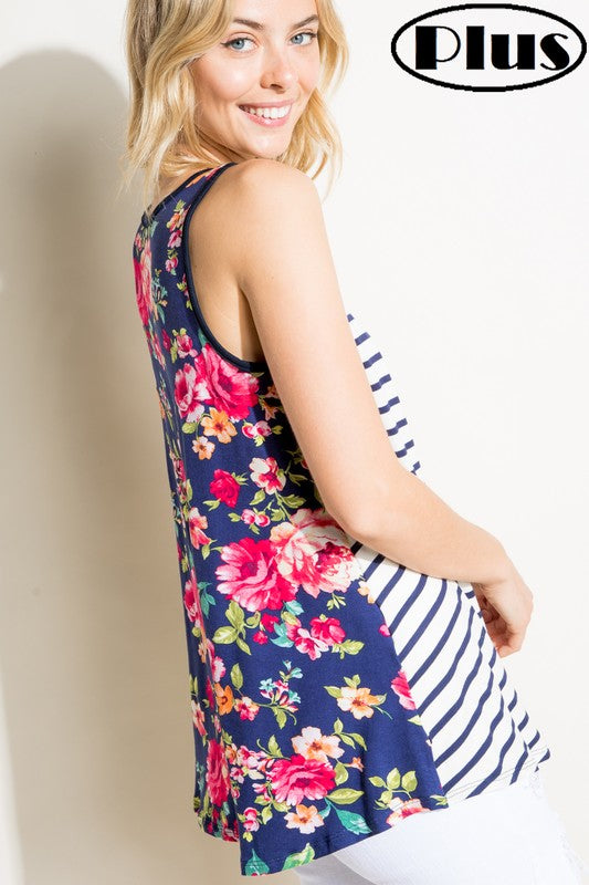 PLUS STRIPE FLORAL MIX TANK TOP