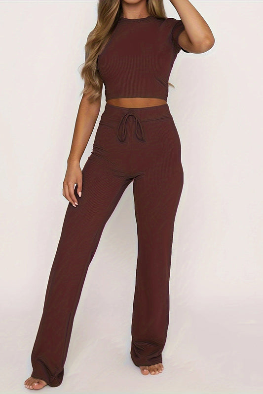 Round Neck Short Sleeve Top and Pants Set