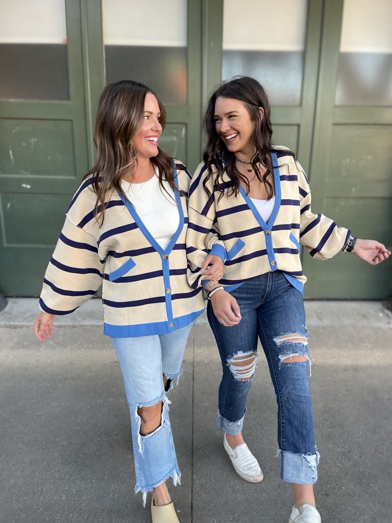 Contrast Trim Cardigan in Navy Stripe