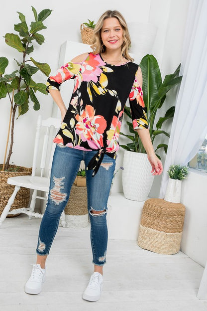 PLUS FLORAL PRINT COLD SHOULDER TOP