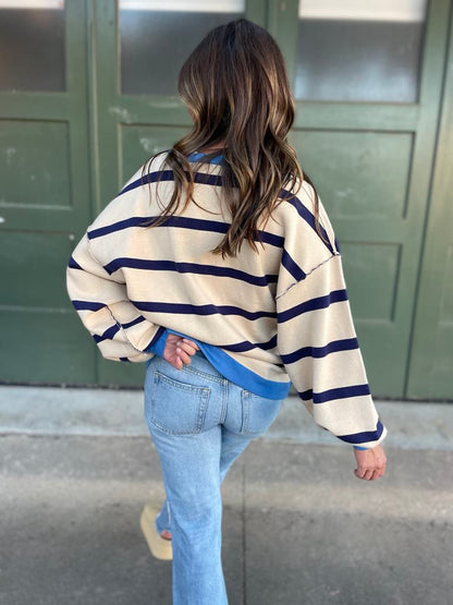 Contrast Trim Cardigan in Navy Stripe