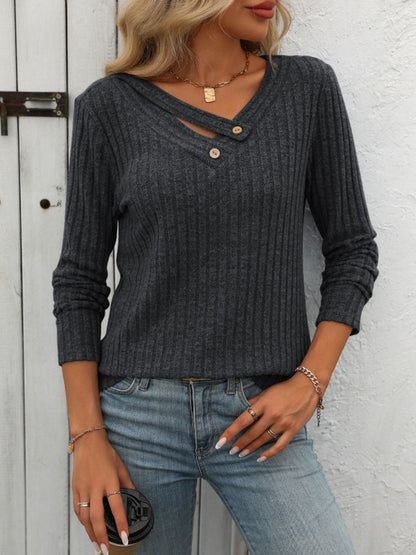 Mandy Ribbed V-Neck Long Sleeve T-Shirt