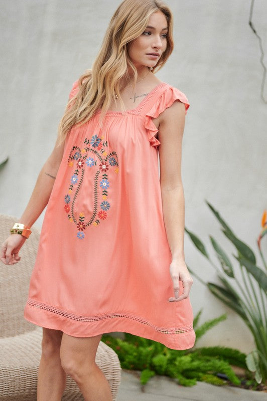 Embroidered Square Neck Mini Dress