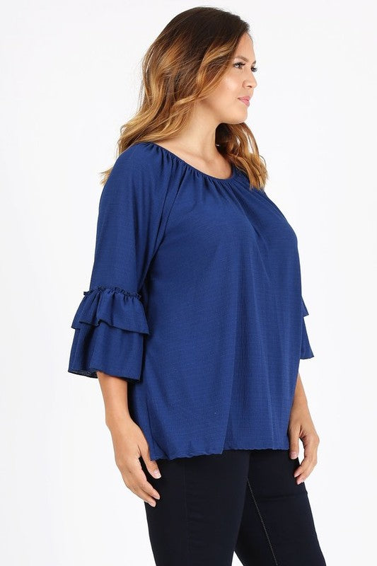 Knit 3/4 Sleeve Double Layer Ruffle Sleeve Top