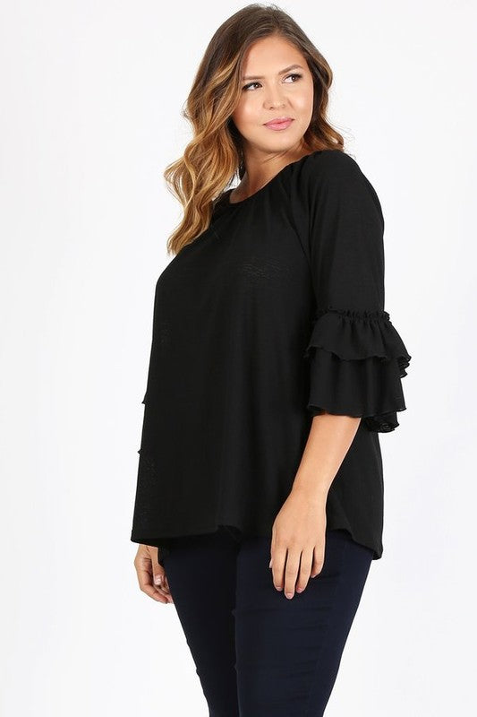 Knit 3/4 Sleeve Double Layer Ruffle Sleeve Top