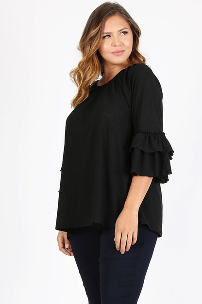 Knit 3/4 Sleeve Double Layer Ruffle Sleeve Top