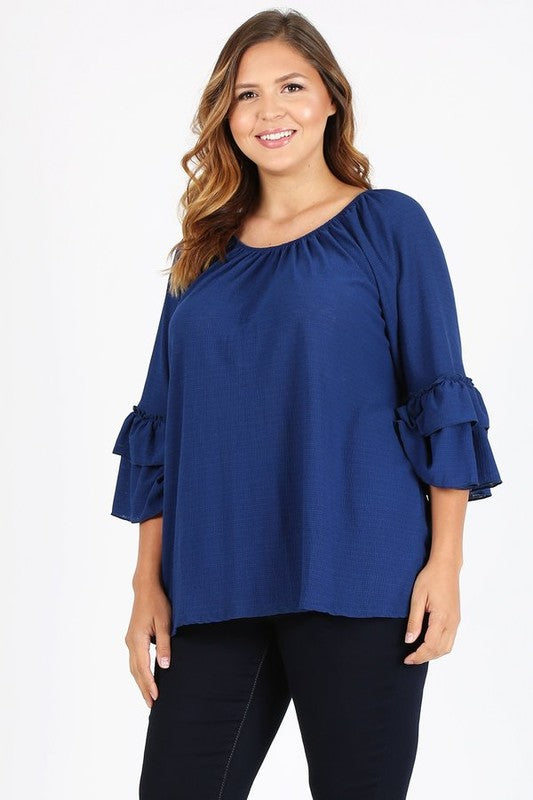 Knit 3/4 Sleeve Double Layer Ruffle Sleeve Top