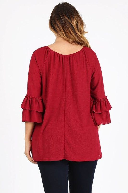 Knit 3/4 Sleeve Double Layer Ruffle Sleeve Top