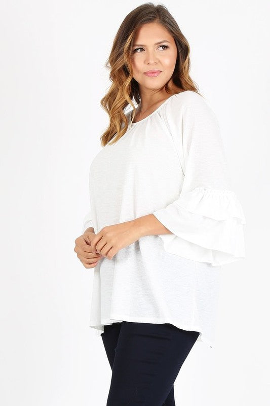 Knit 3/4 Sleeve Double Layer Ruffle Sleeve Top