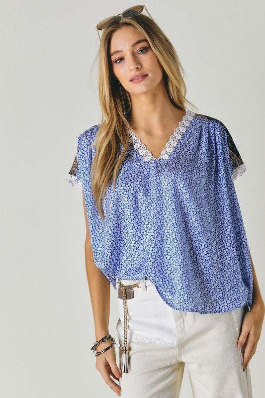 Printed Lace V-Neck Short Sleeve Loose Top