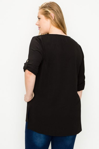 PLUS SIZE KOSHIBO ROLL UP SLEEVE TOP