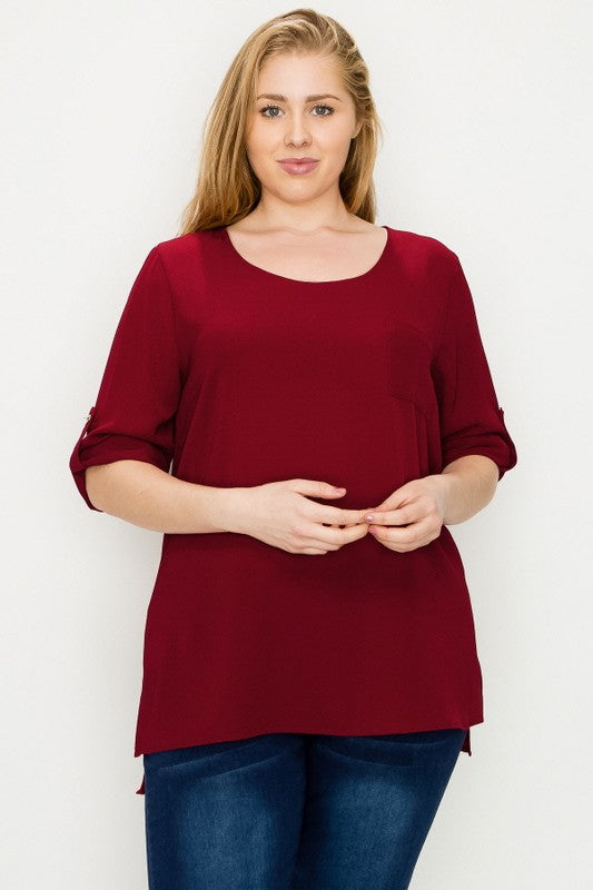 PLUS SIZE KOSHIBO ROLL UP SLEEVE TOP