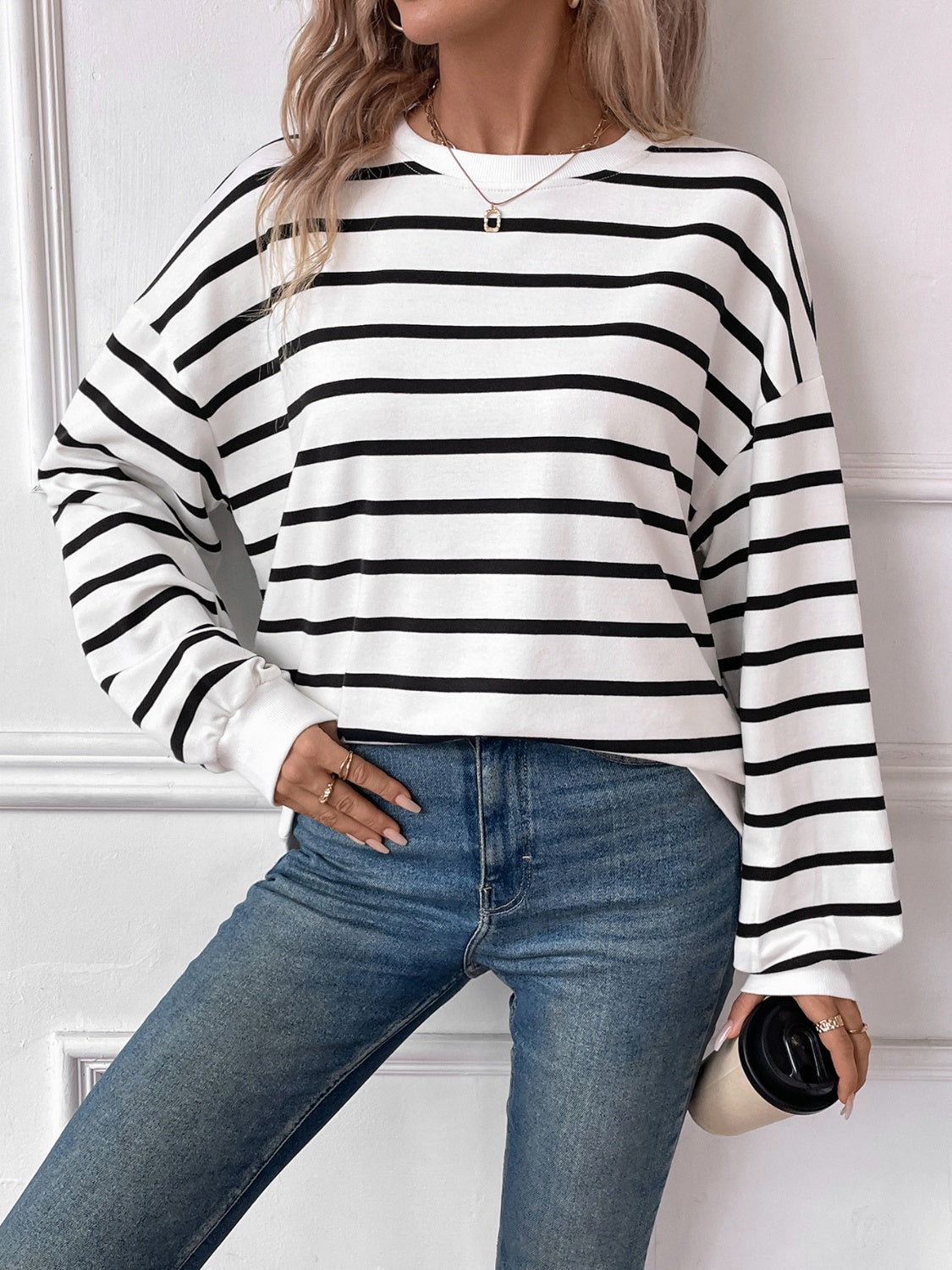 Lovelet Striped Round Neck Long Sleeve Sweatshirt