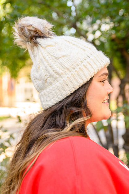 Cable Knit Cuffed Beanie In Ivory