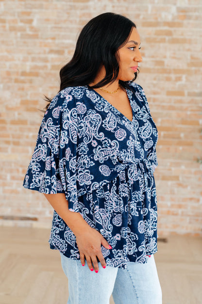 Dreamer Peplum Top in Navy and Pink Paisley