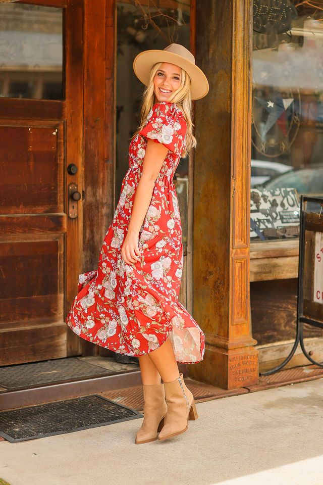 Elizabeth Midi Dress in Rust and Floral