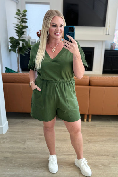 Short Sleeve V-Neck Romper in Army Green