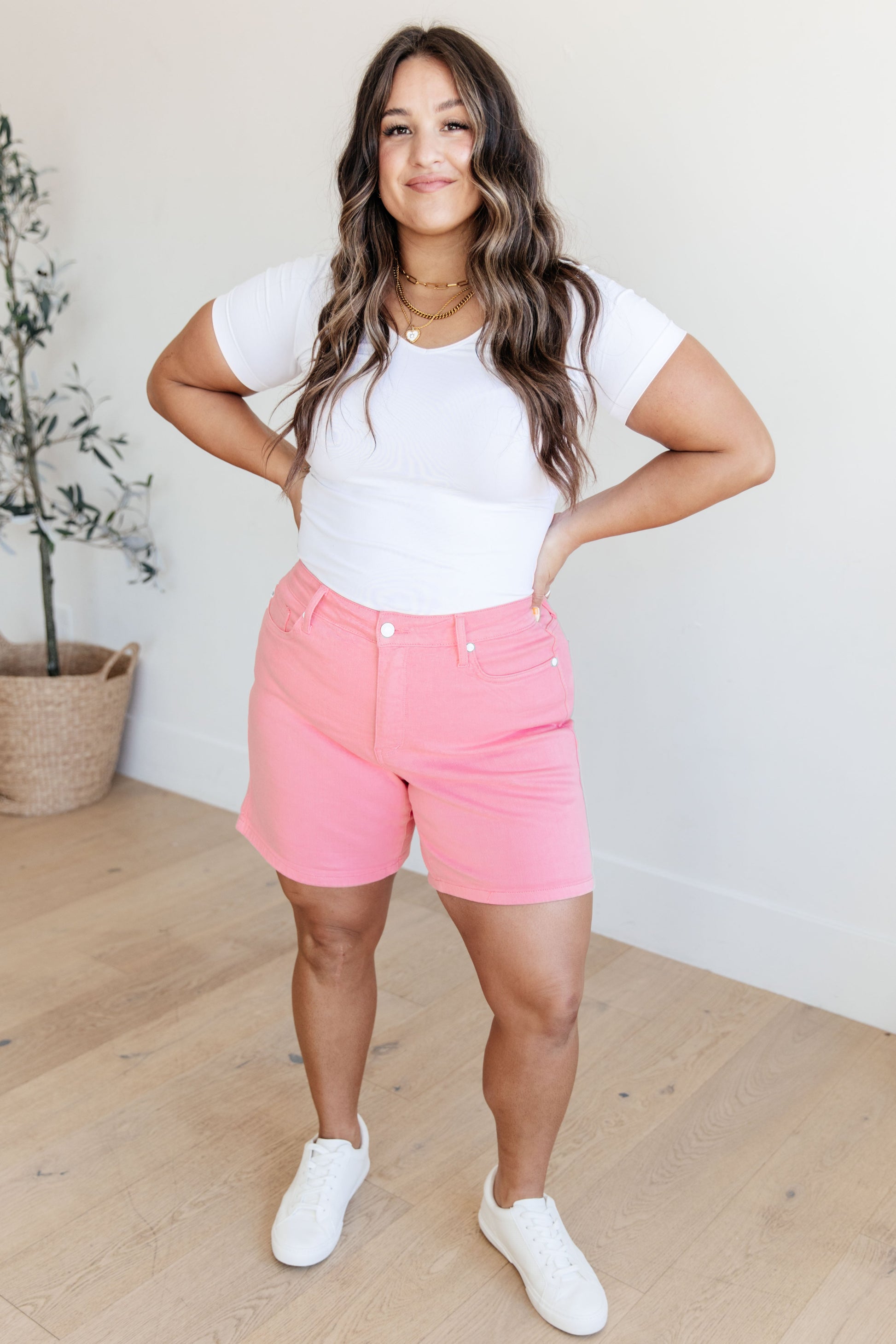 Jenna High Rise Control Top Cuffed Shorts in Pink - Dahlia Boutique