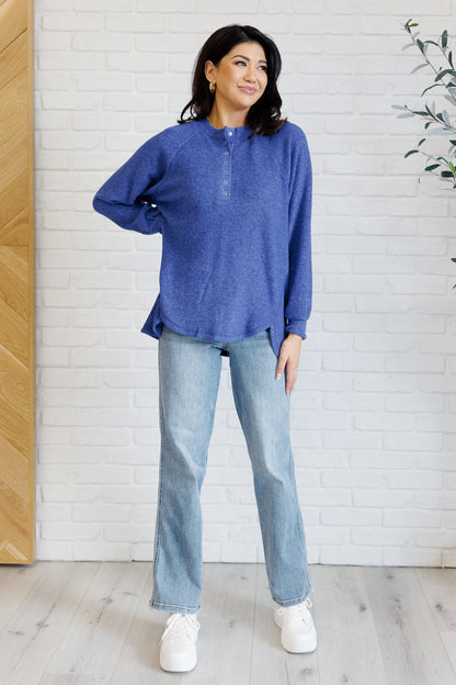 Keeping it Real Brushed Melange Hacci Long Sleeve Tee in Bright Blue