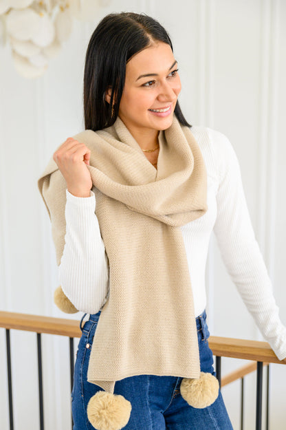 Knitted Fuzzy Pom Pom Scarf In Beige