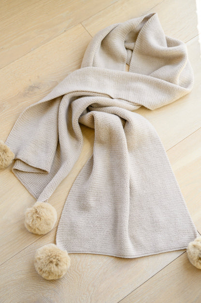 Knitted Fuzzy Pom Pom Scarf In Beige