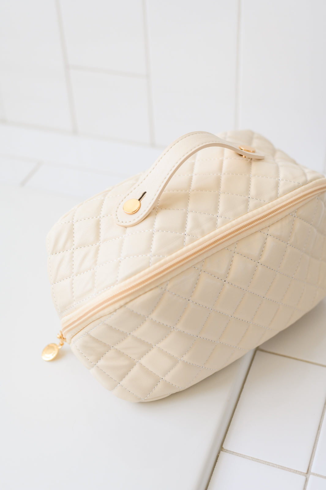 Large Capacity Quilted Makeup Bag in Cream