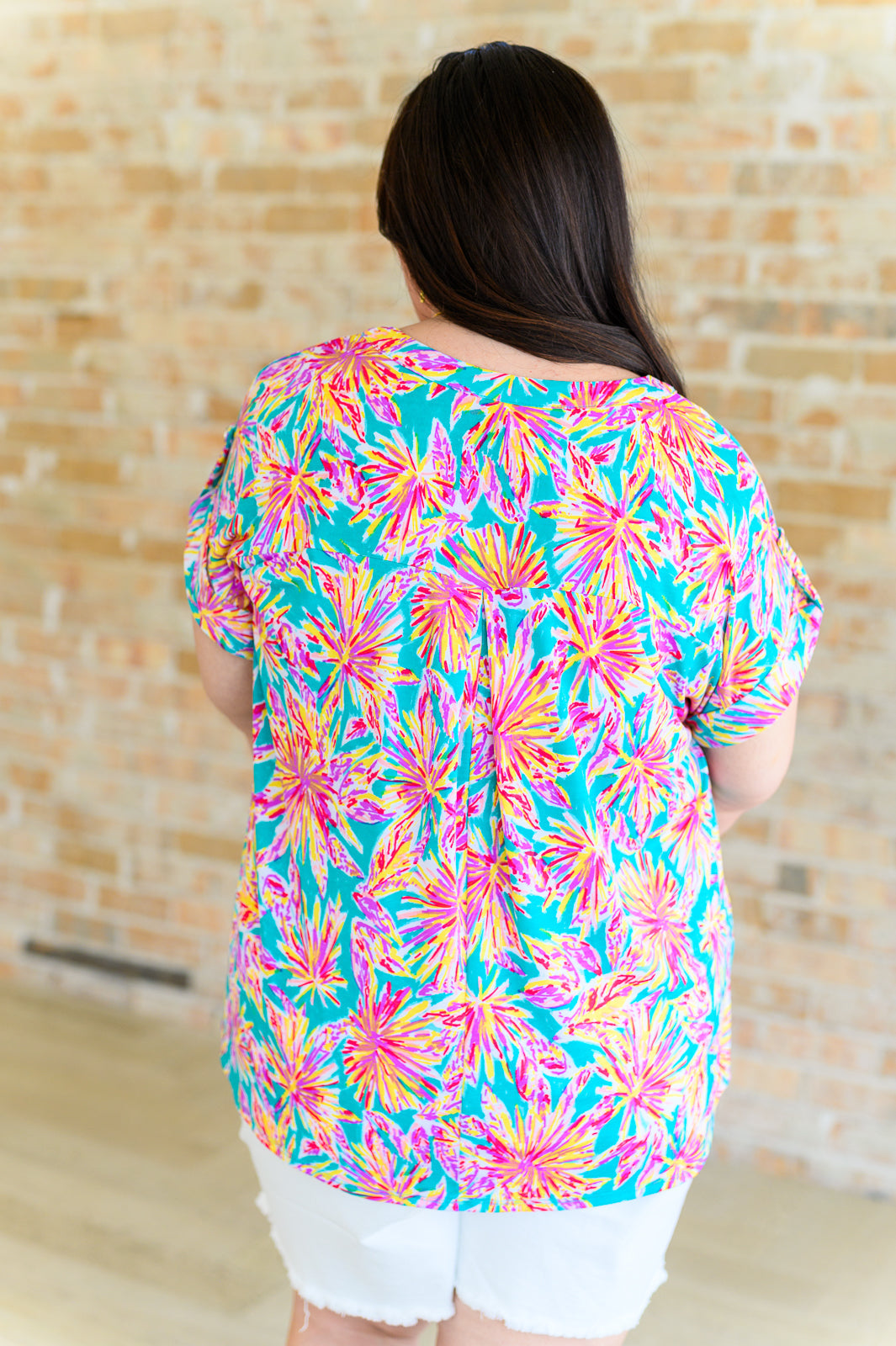 Lizzy Cap Sleeve Top in Emerald Multi Palm Trees