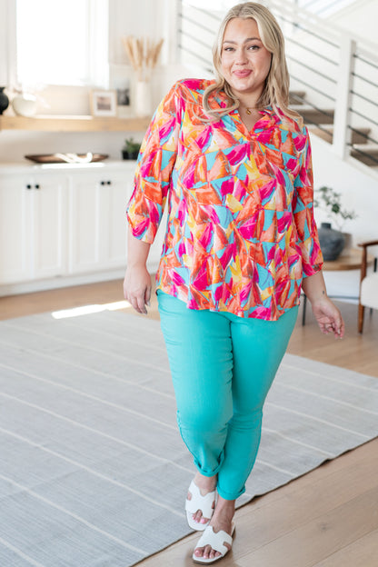 Lizzy Top in Teal and Hot Pink Abstract Fans