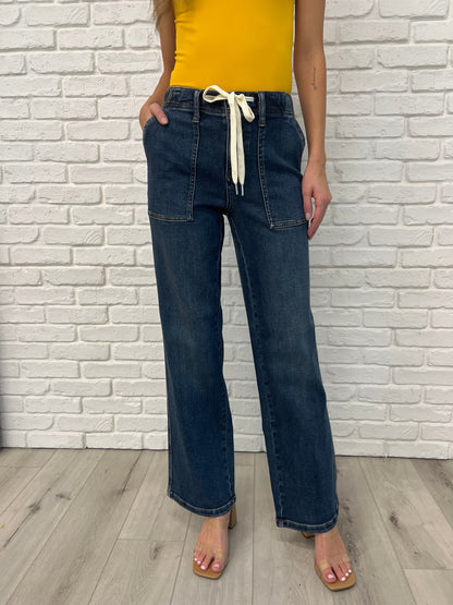 Melanie High Rise Drawstring Wide Leg Jeans