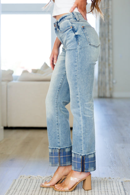 Miranda High Rise Plaid Cuff Vintage Straight Jeans