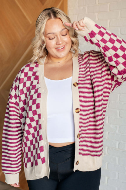 No Brainer Button Down Sweater Knit Cardigan in Magenta/Oatmeal