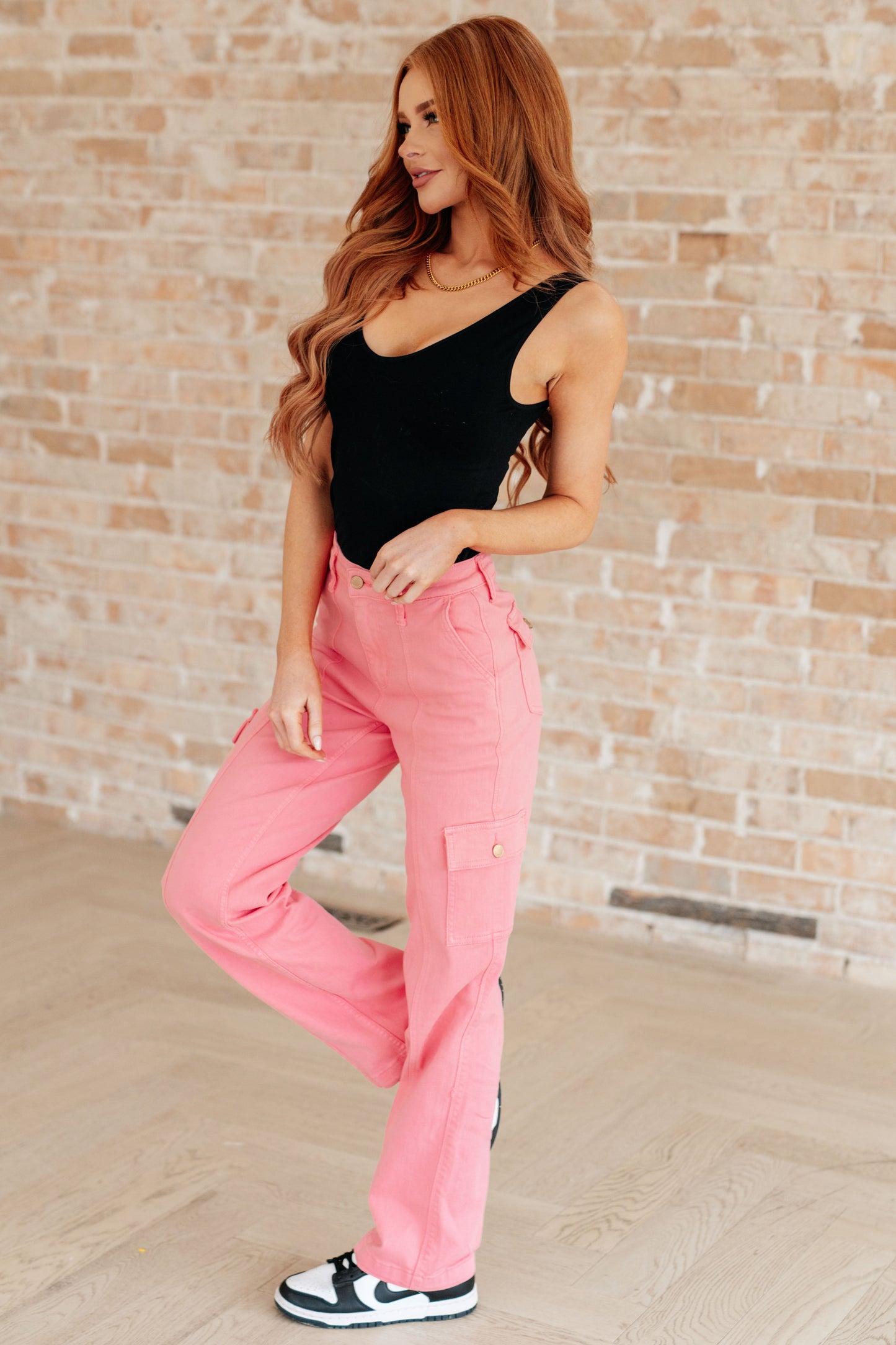 Peggy High Rise Cargo Straight Jeans in Pink - Dahlia Boutique