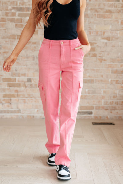 Peggy High Rise Cargo Straight Jeans in Pink - Dahlia Boutique