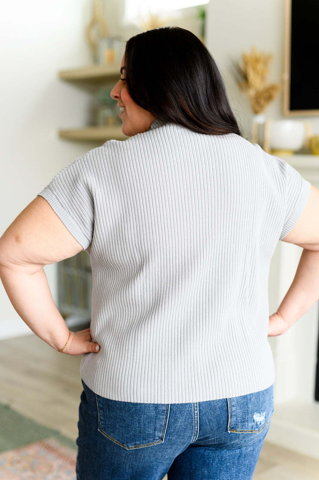 This Little Life Mock Neck Short Sleeve Sweater in Grey