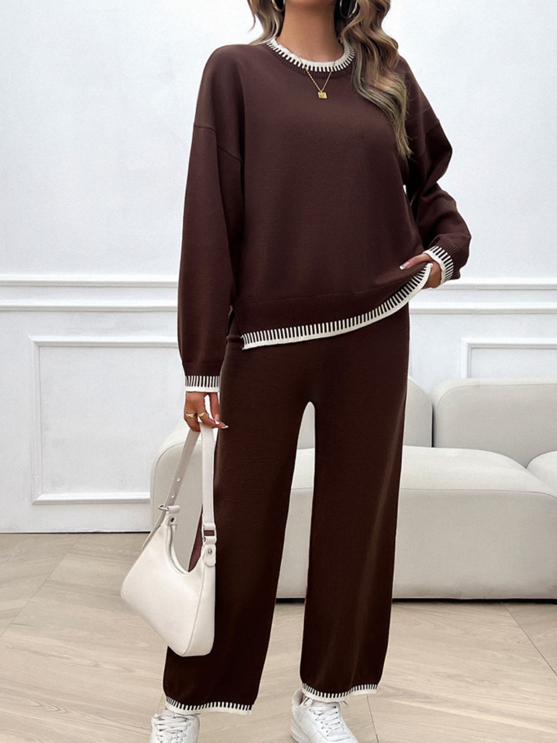 Devine Round Neck Dropped Shoulder Top and Pants Sweater Set