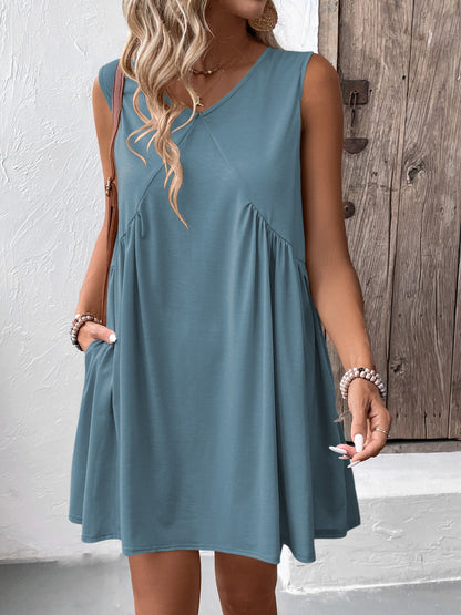 Ivy Lane Ruched V-Neck Sleeveless Mini Dress