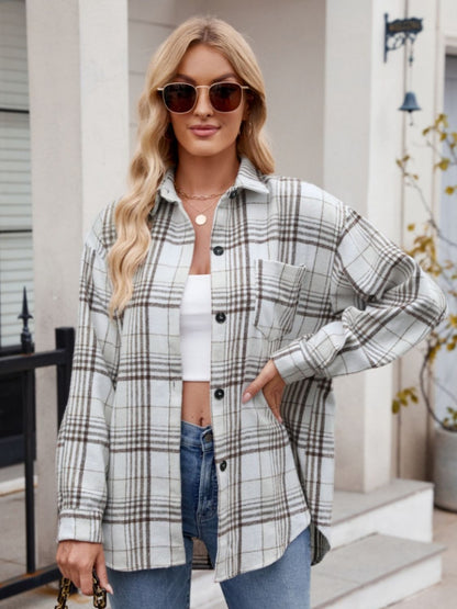 Mandy Pocketed Plaid Collared Neck Long Sleeve Shirt