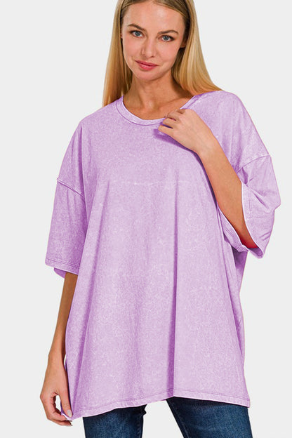 Zenana Full Size Washed Round Neck Drop Shoulder Oversized T-Shirt