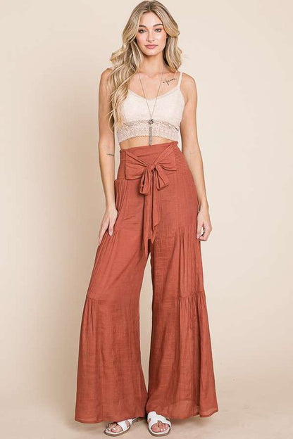 Tie front ruched waist back pants