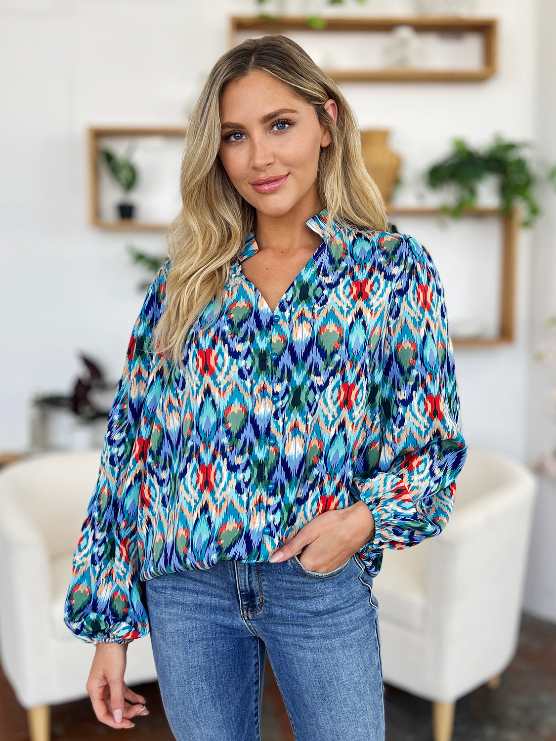 Double Take Full Size Printed Balloon Sleeve Blouse