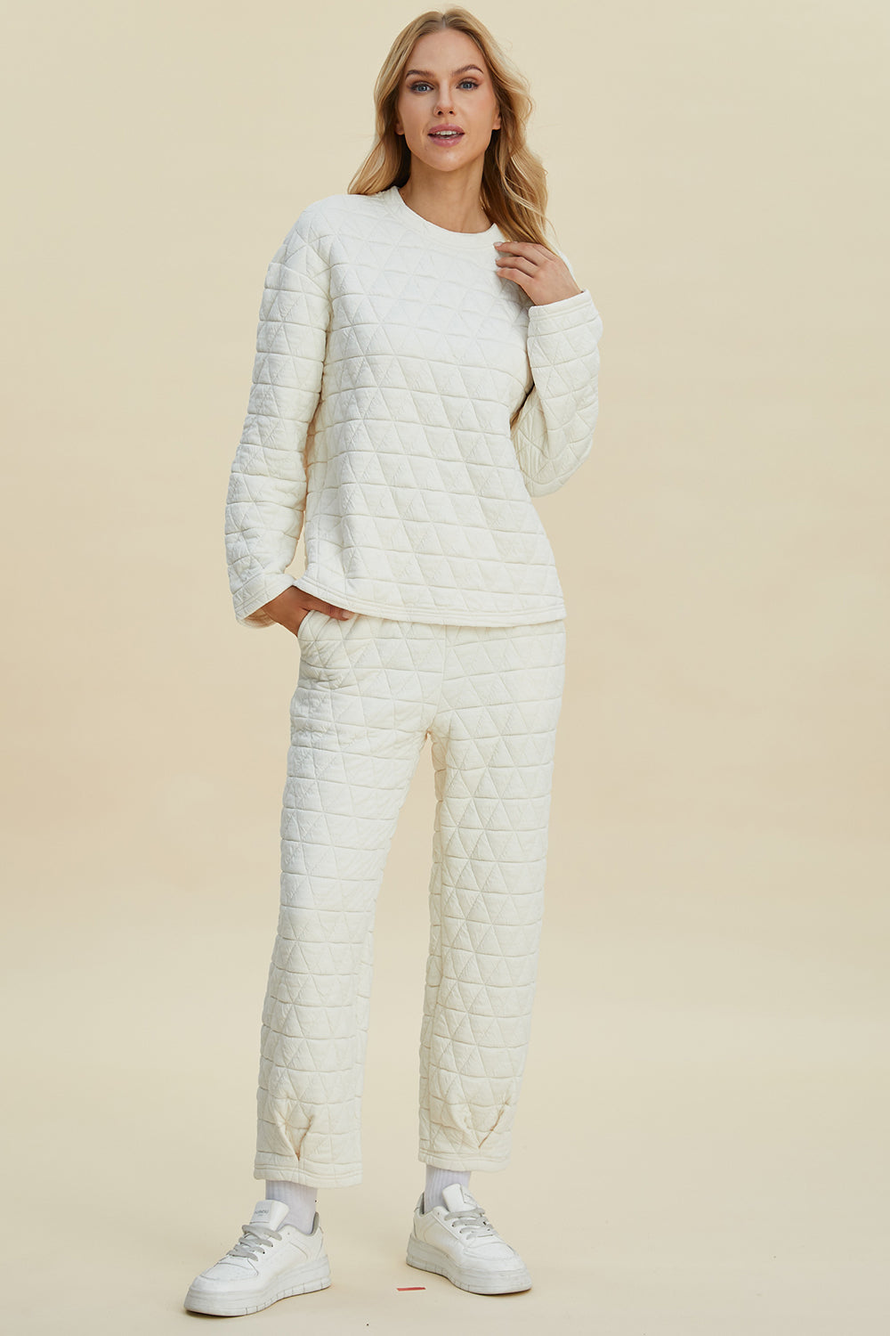 Double Take Full Size Texture Round Neck Long Sleeve Top and Pants Set