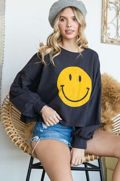 SMILEY FACE LONG SLEEVE CROP TOP