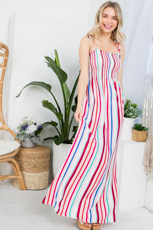 PLUS STRIPE SMOCKED MAXI DRESS