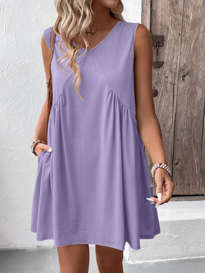 Ivy Lane Ruched V-Neck Sleeveless Mini Dress